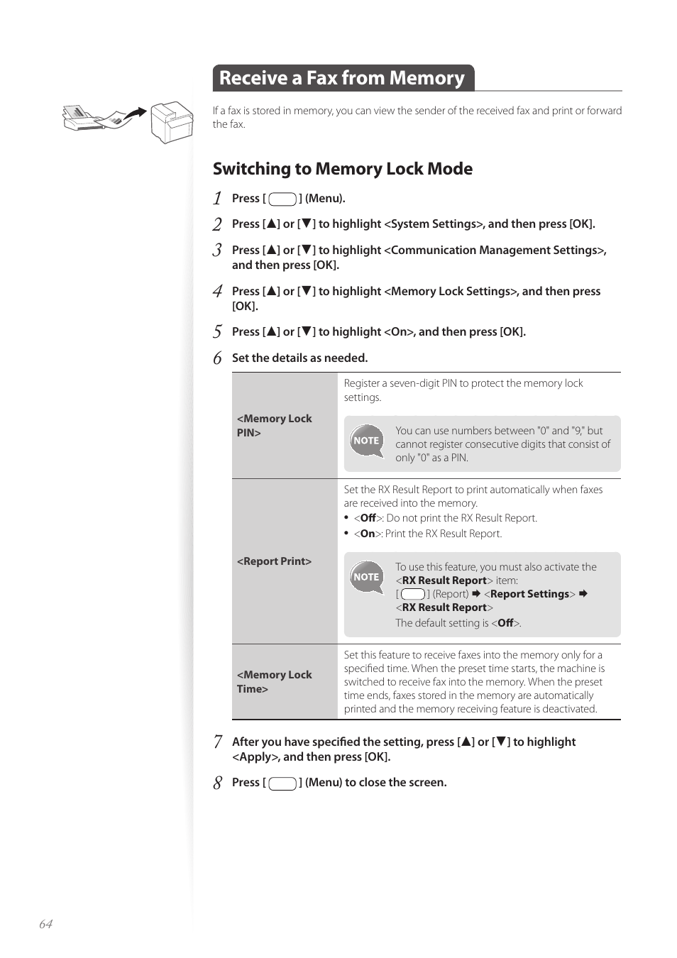 Receive a fax from memory, Switching to memory lock mode, Receive a fax from memory ………………………………………… 64 | Switching to memory lock mode …………………………………… 64 | Canon imageCLASS MF4890dw User Manual | Page 64 / 116