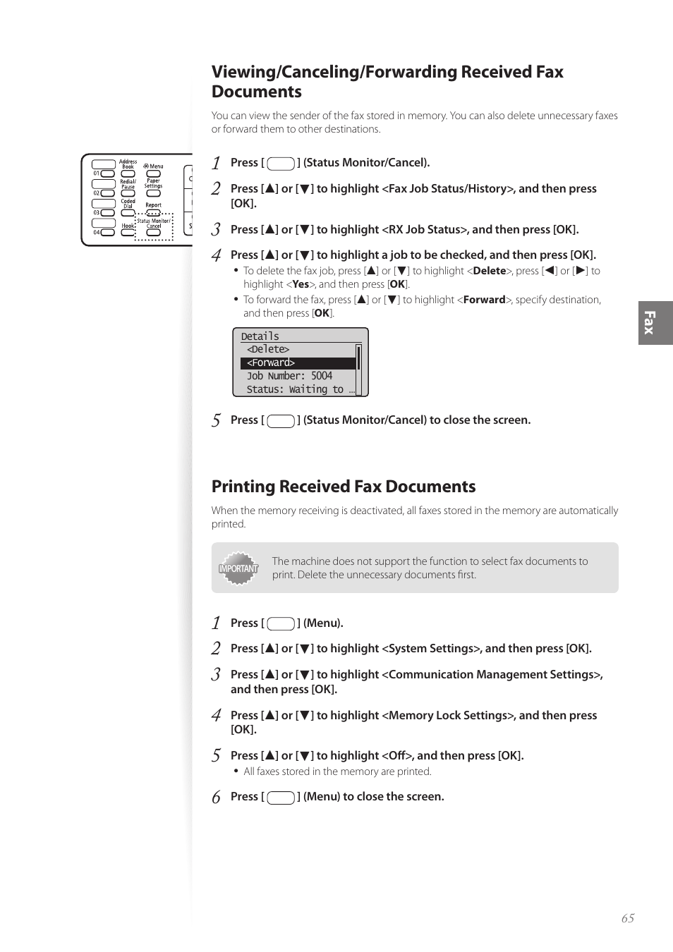 Printing received fax documents, Fa x | Canon imageCLASS MF4890dw User Manual | Page 65 / 116