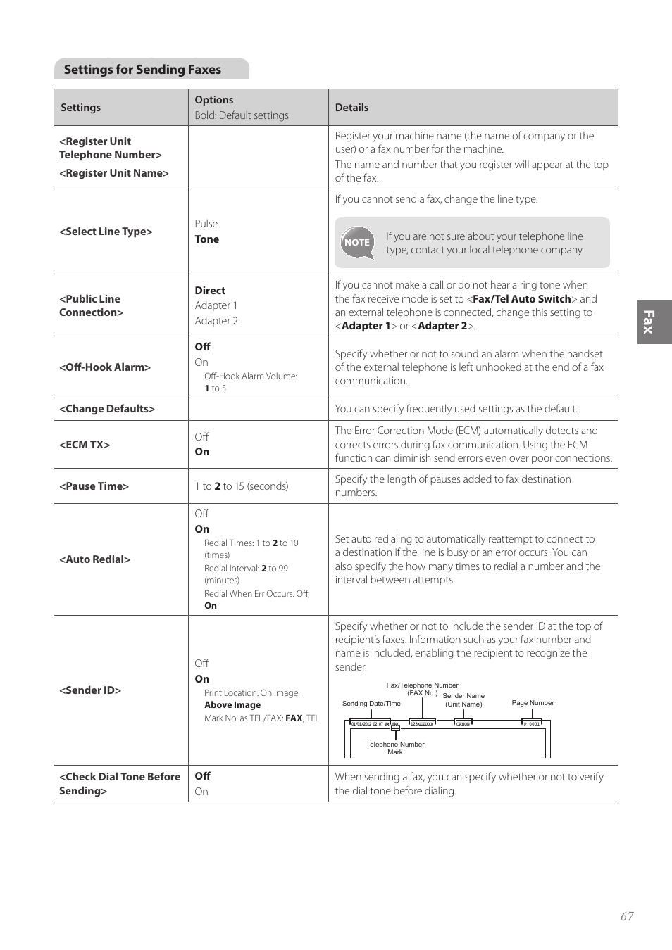 E “<pause time, Fa x, Settings for sending faxes | Canon imageCLASS MF4890dw User Manual | Page 67 / 116