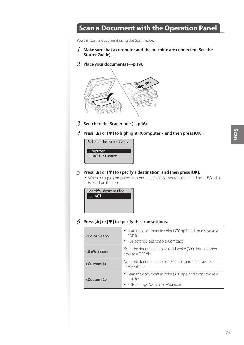 Scan a document with the operation panel, P.75, Scan | Canon imageCLASS MF4890dw User Manual | Page 75 / 116