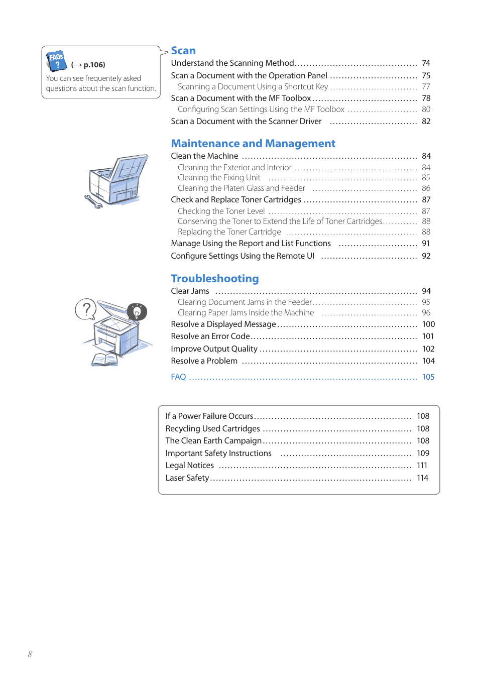 Scan, Maintenance and management, Troubleshooting | Canon imageCLASS MF4890dw User Manual | Page 8 / 116