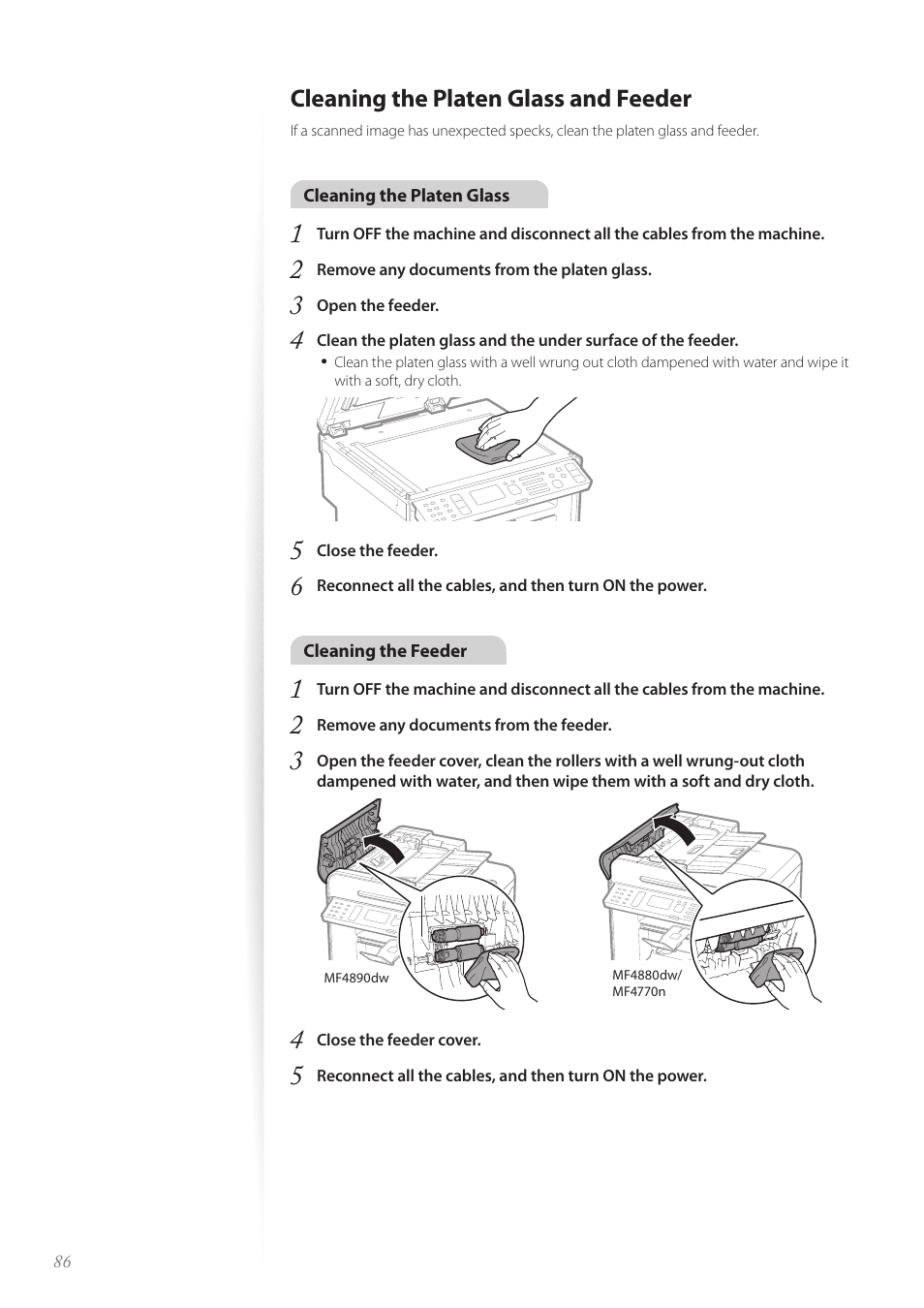 Cleaning the platen glass and feeder | Canon imageCLASS MF4890dw User Manual | Page 86 / 116