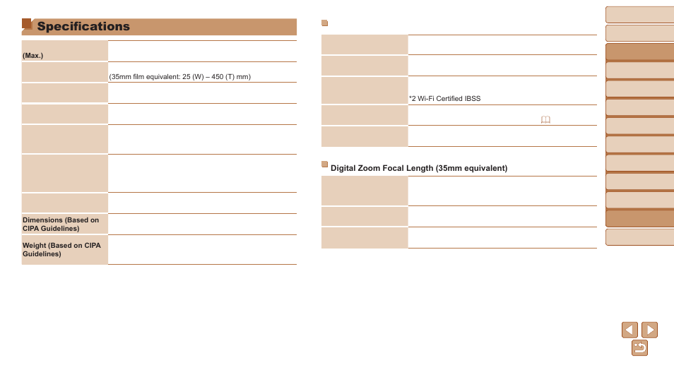 Specifications, Standards in “wi-fi | Canon PowerShot SX600 HS User Manual | Page 154 / 163