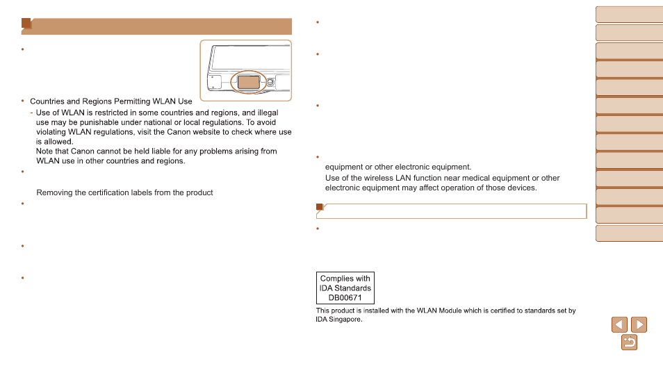 Wi-fi (wireless lan), Precautions, And “security precautions | Wi-fi (wireless lan) precautions, Radio wave interference precautions | Canon PowerShot SX600 HS User Manual | Page 160 / 163