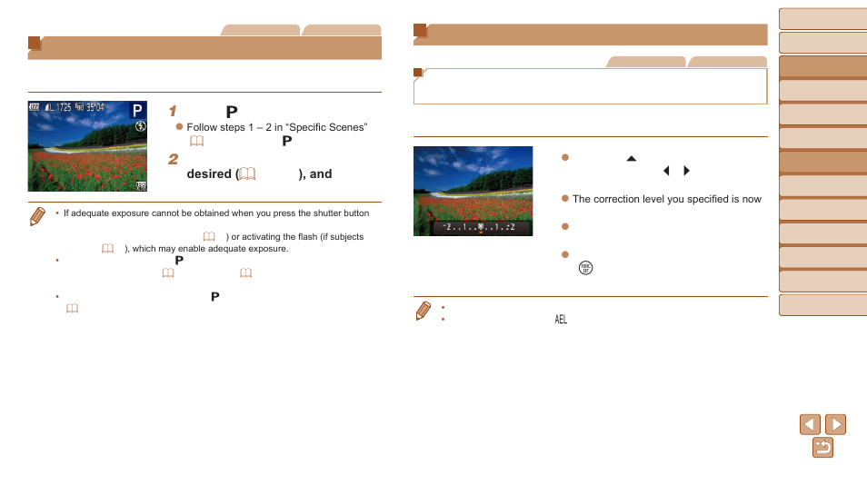 Shooting in program ae, P] mode), Image brightness (exposure) | Shooting in program ae ([p] mode), Adjusting image brightness, Exposure compensation), Adjusting image brightness (exposure compensation) | Canon PowerShot SX600 HS User Manual | Page 52 / 163