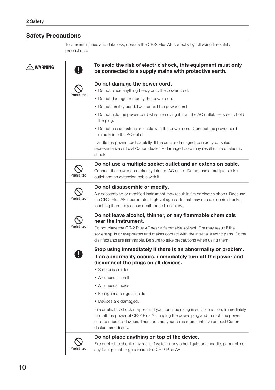 Safety precautions | Canon CR-2 PLUS AF User Manual | Page 10 / 54
