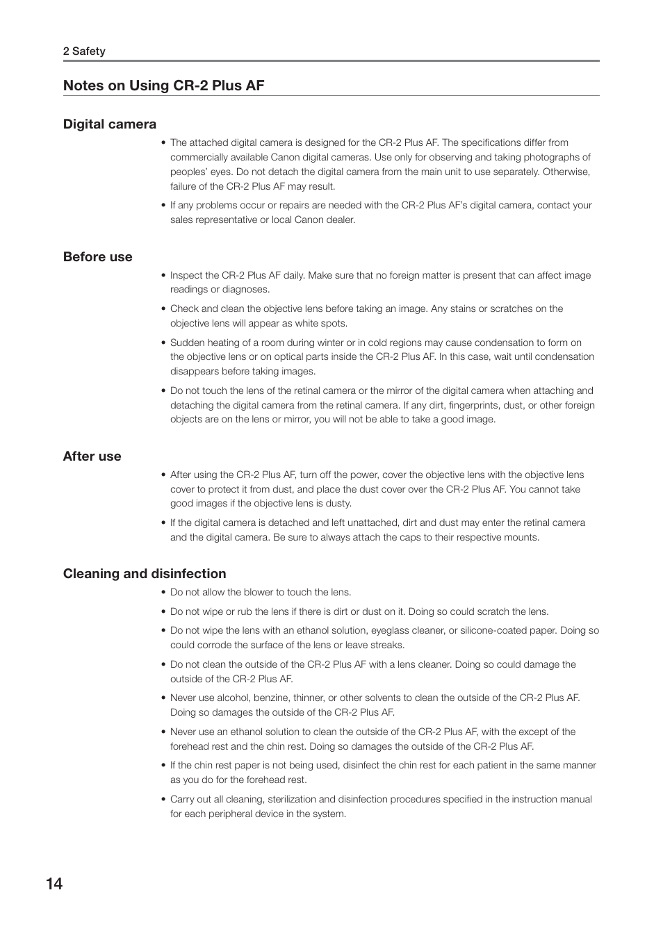 Digital camera, Before use, After use | Cleaning and disinfection | Canon CR-2 PLUS AF User Manual | Page 14 / 54