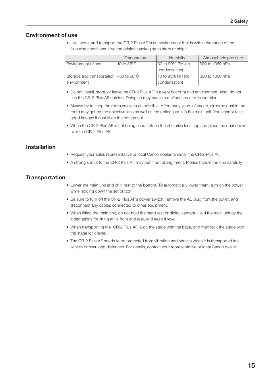 Environment of use, Installation, Transportation | Canon CR-2 PLUS AF User Manual | Page 15 / 54