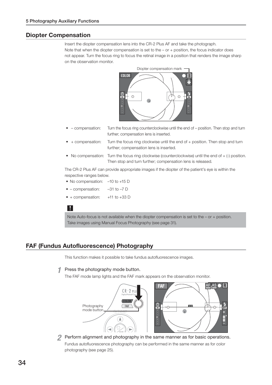 Diopter compensation, Faf (fundus autofluorescence) photography | Canon CR-2 PLUS AF User Manual | Page 34 / 54