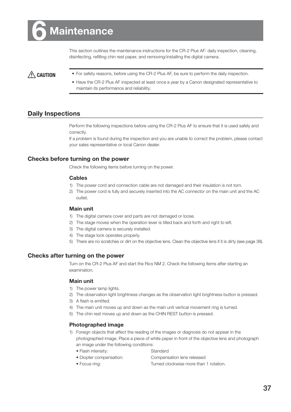 Maintenance, Daily inspections | Canon CR-2 PLUS AF User Manual | Page 37 / 54