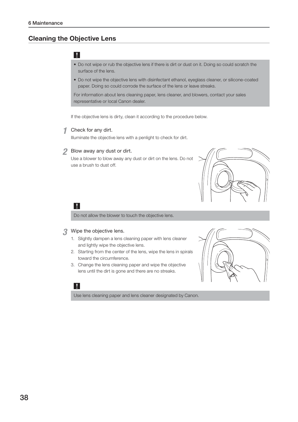 Cleaning the objective lens | Canon CR-2 PLUS AF User Manual | Page 38 / 54