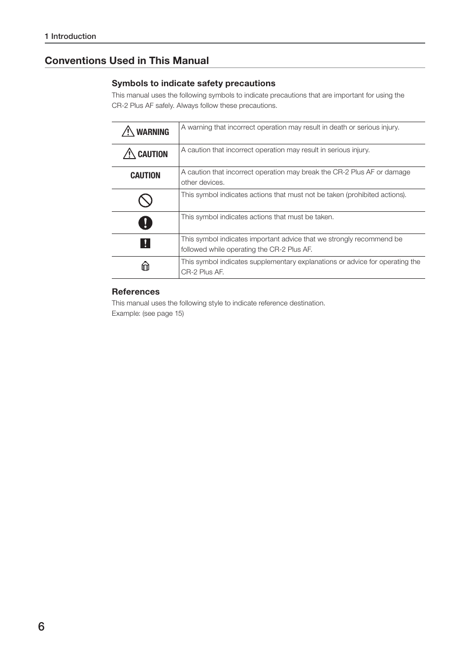 Conventions used in this manual | Canon CR-2 PLUS AF User Manual | Page 6 / 54