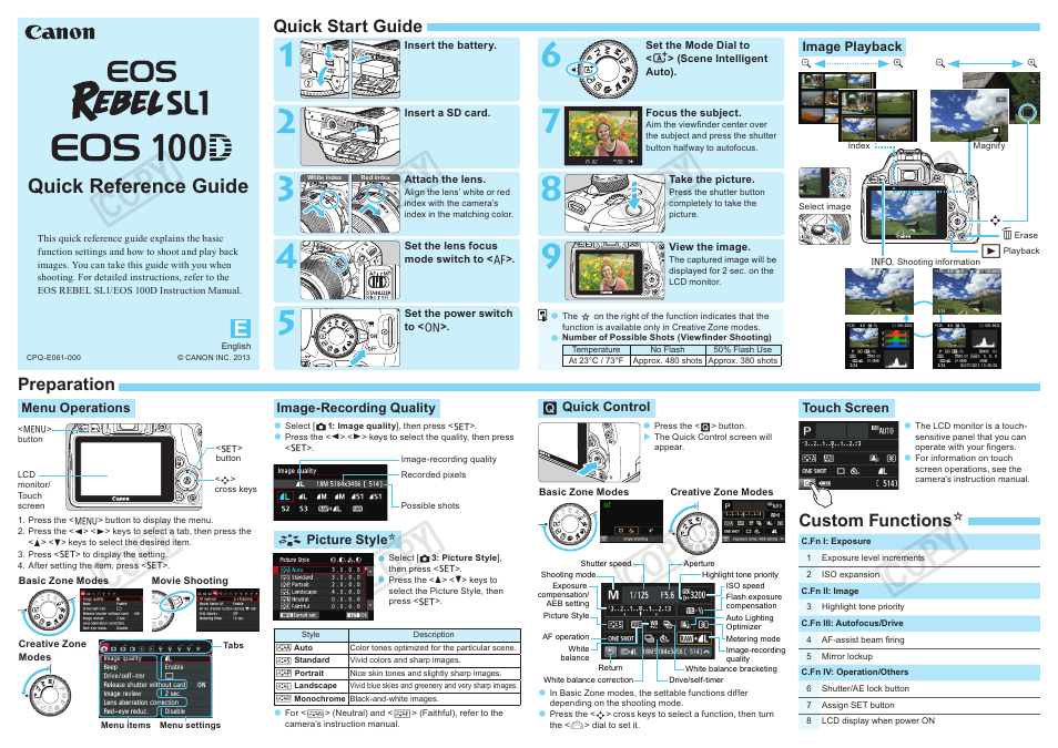 Canon EOS Rebel SL1 18-55mm IS STM Lens Kit User Manual | 2 pages