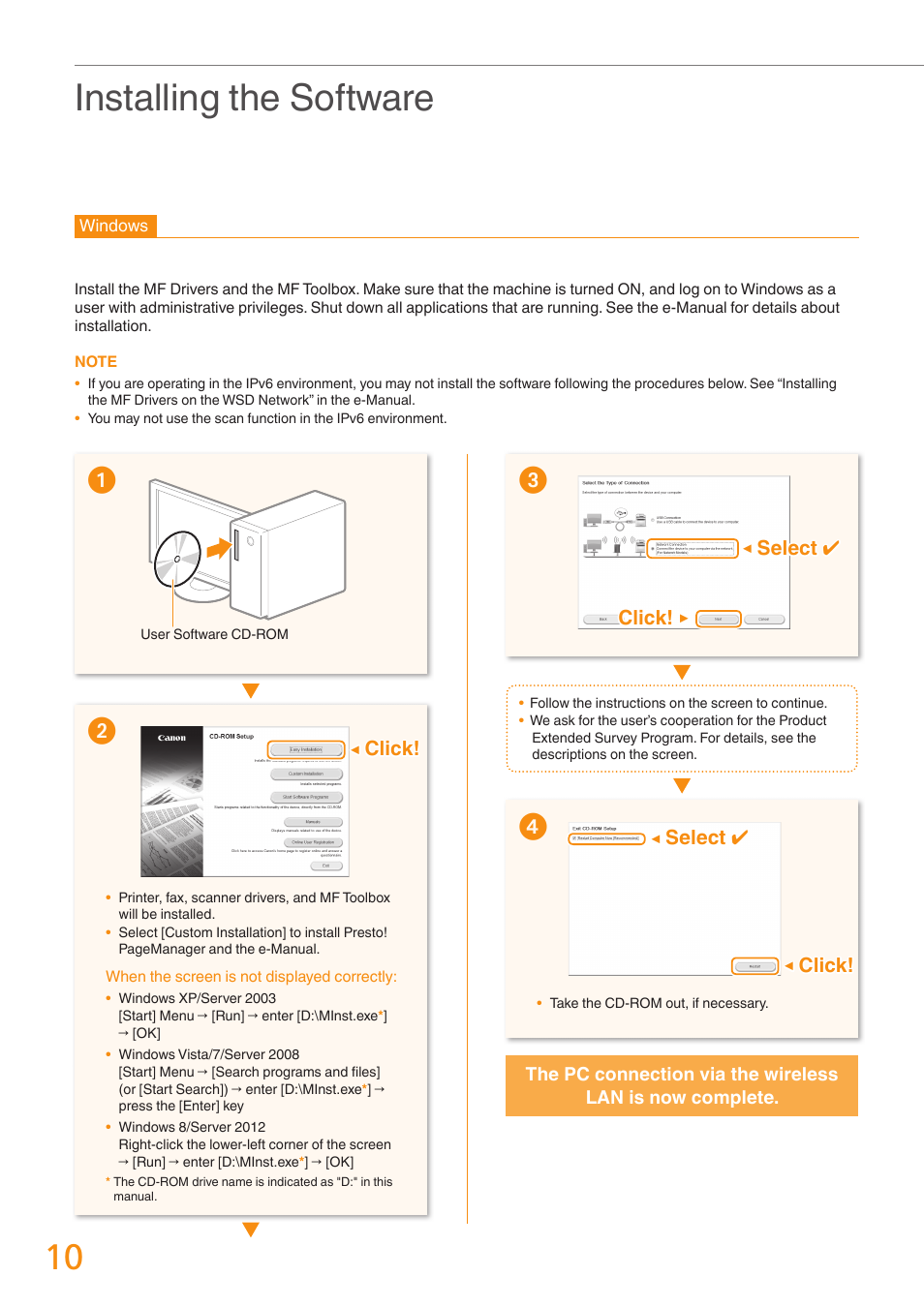 Installing the software, Select select, Click | Canon imageCLASS MF4880dw User Manual | Page 10 / 24