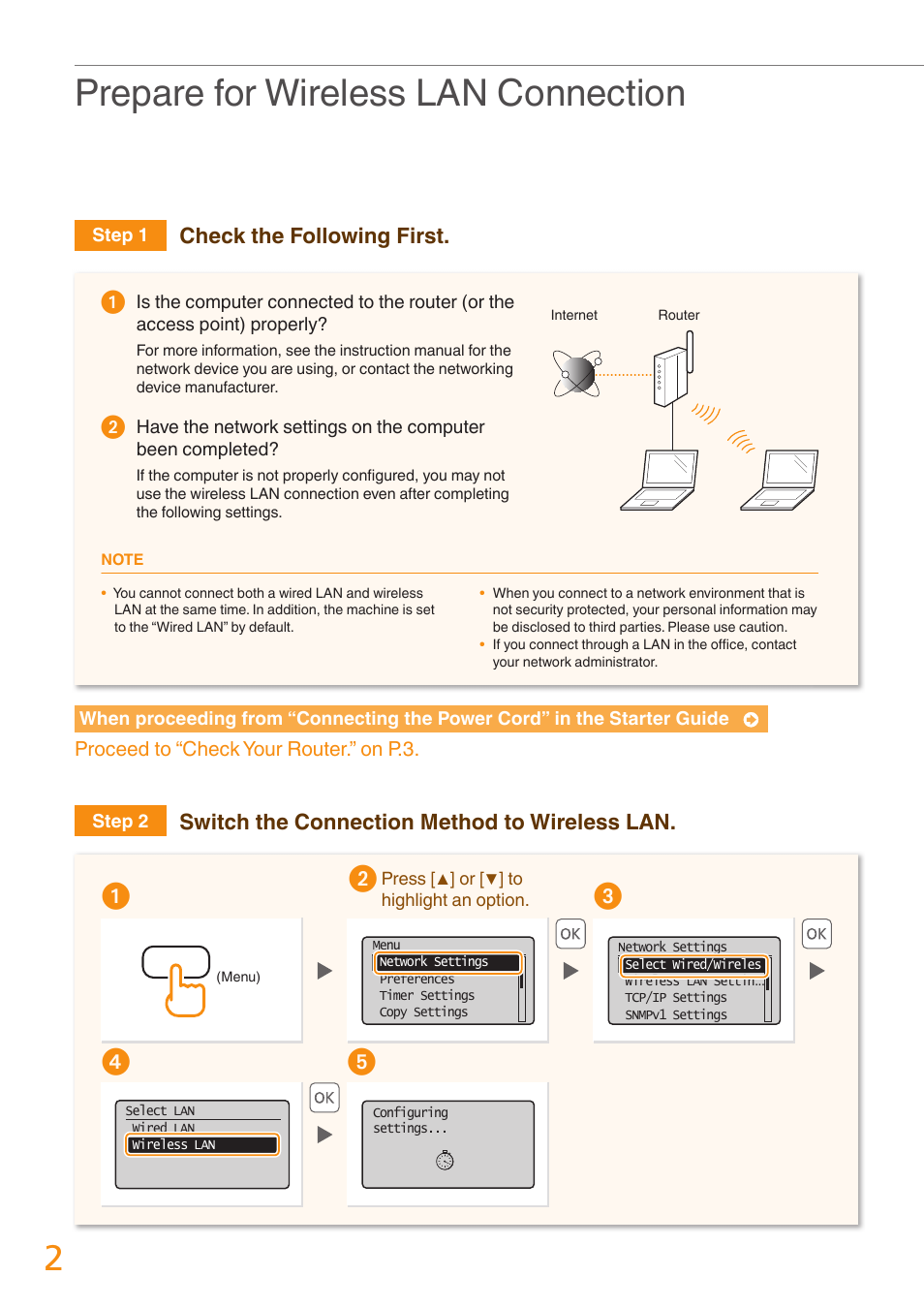 Prepare for wireless lan connection, Check the following first, Switch the connection method to wireless lan | Canon imageCLASS MF4880dw User Manual | Page 2 / 24