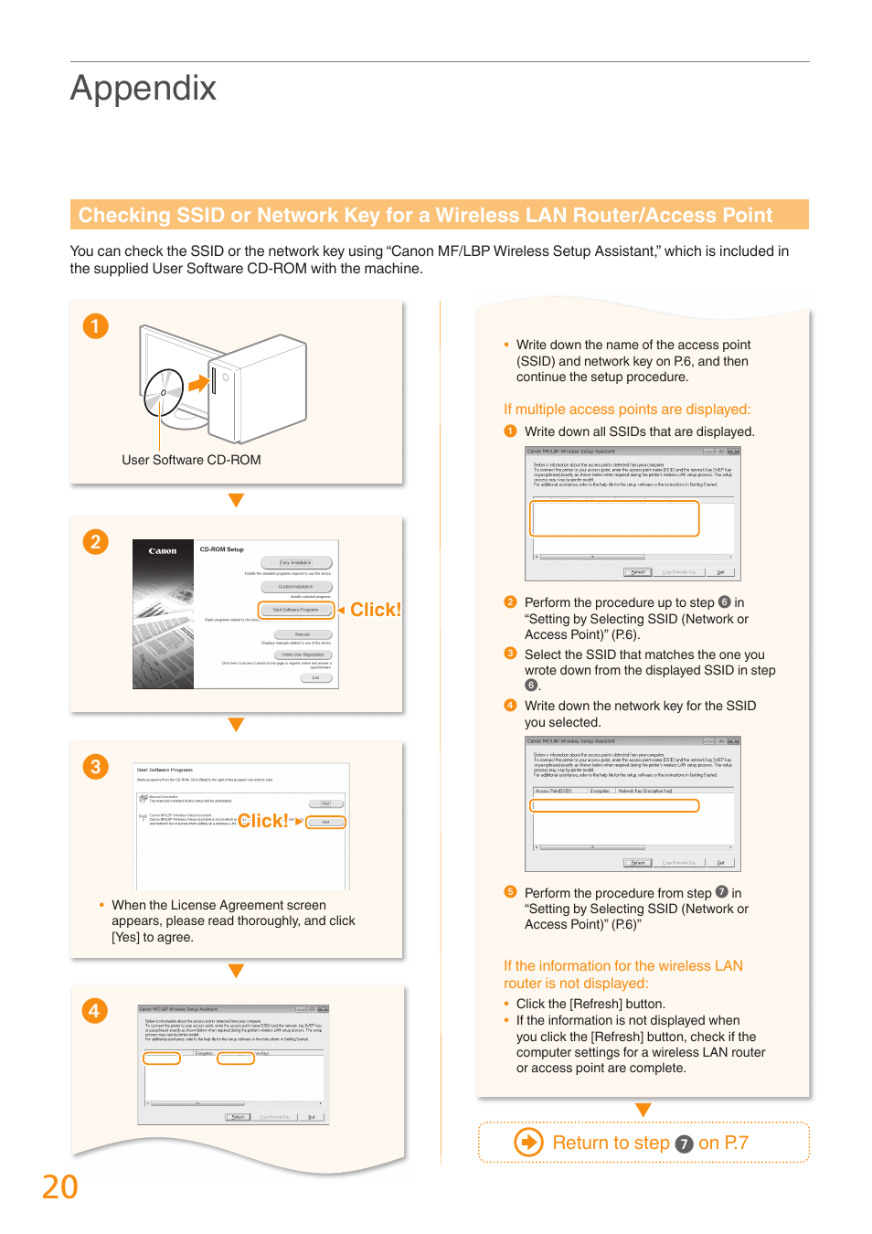 Checking ssid or network key for a, Wireless lan router/access point” (p.20), P.20) | Point” (p.20), Appendix, Return to step  on p .7, Click | Canon imageCLASS MF4880dw User Manual | Page 20 / 24