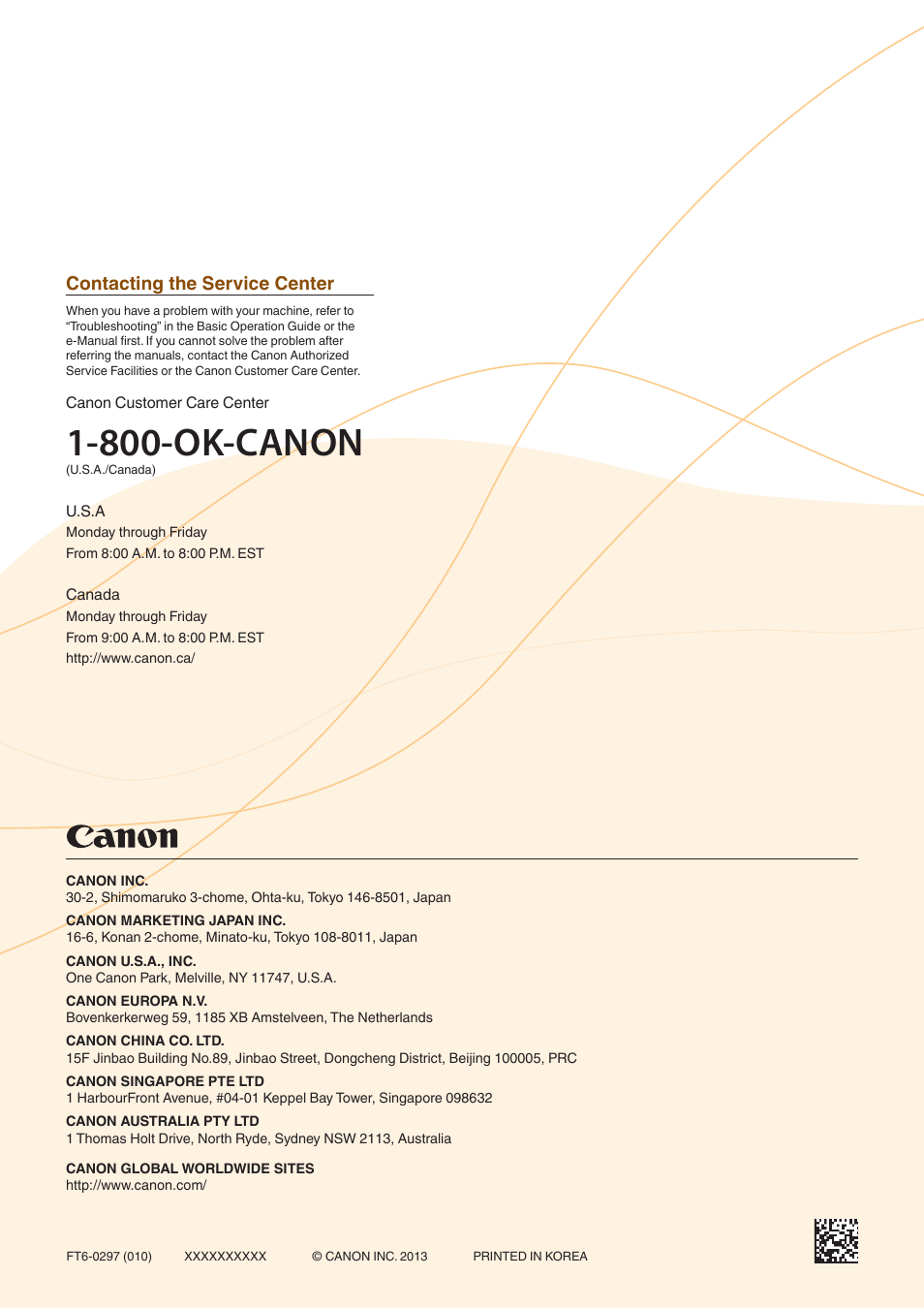 800-ok-canon, Contacting the service center | Canon imageCLASS MF4880dw User Manual | Page 24 / 24