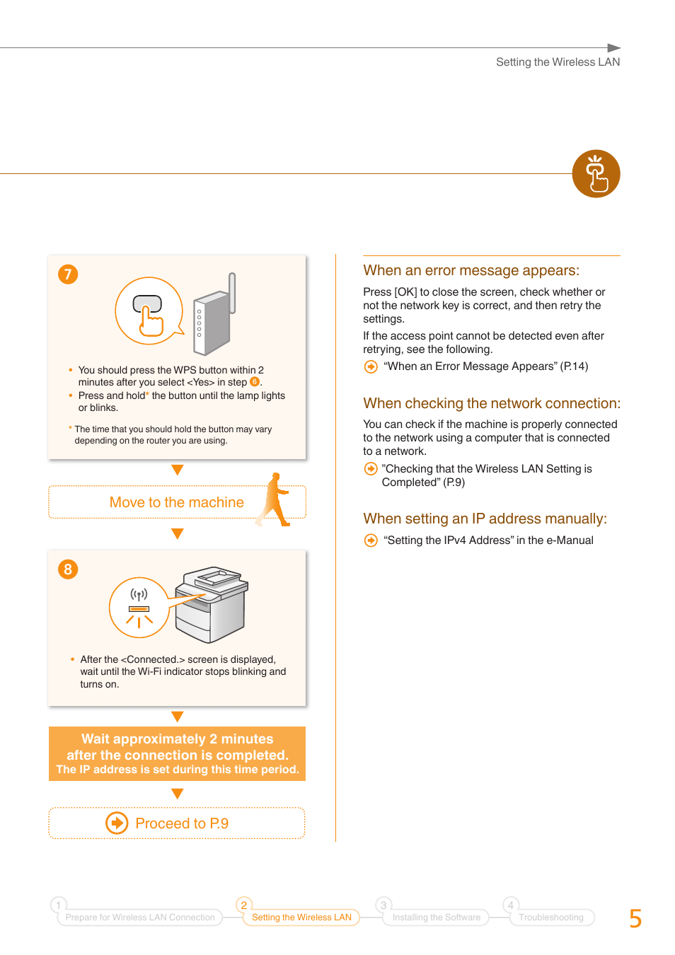 When an error message appears, When checking the network connection, When setting an ip address manually | Move to the machine proceed to p .9 | Canon imageCLASS MF4880dw User Manual | Page 5 / 24