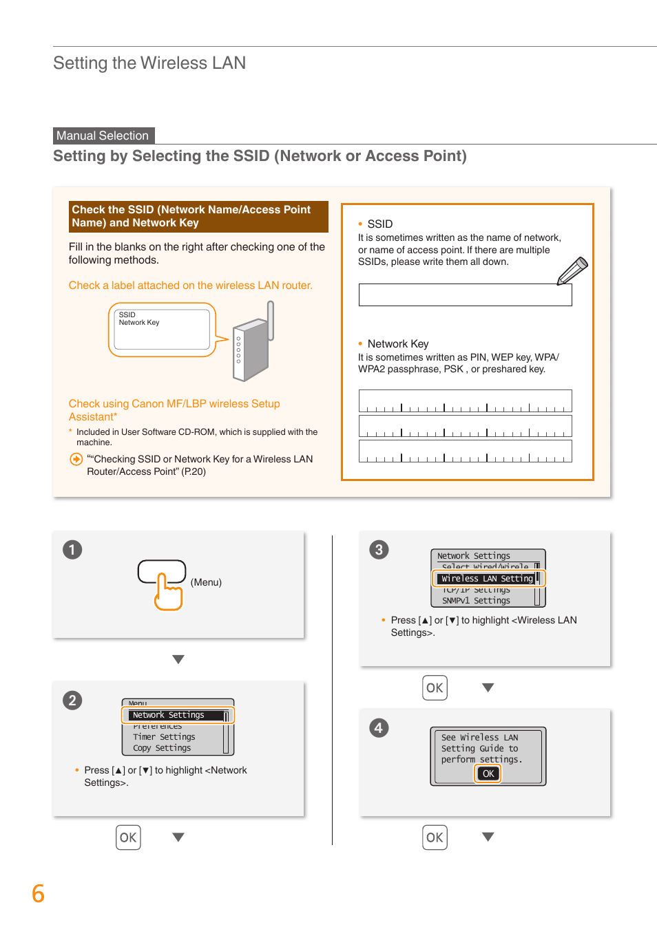 See “check the ssid (network name/access point, Name) and network key” (p.6) to learn ho, Setting the wireless lan | Canon imageCLASS MF4880dw User Manual | Page 6 / 24