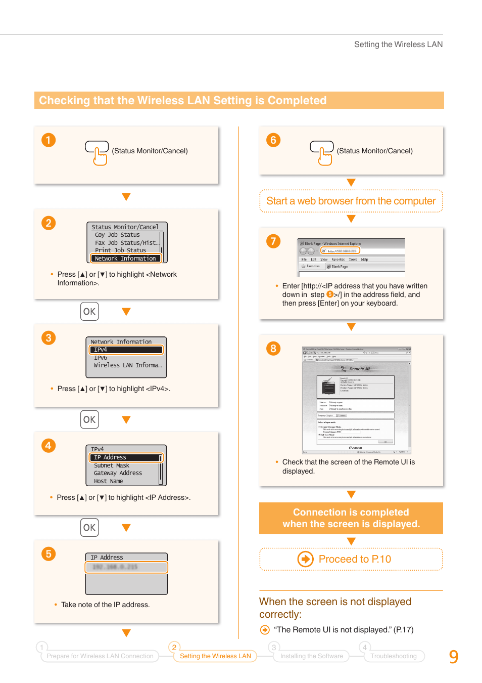 Checking that the wireless lan setting is, Completed” (p.9), Start a web browser from the computer | When the screen is not displayed correctly, Proceed to p .10 | Canon imageCLASS MF4880dw User Manual | Page 9 / 24