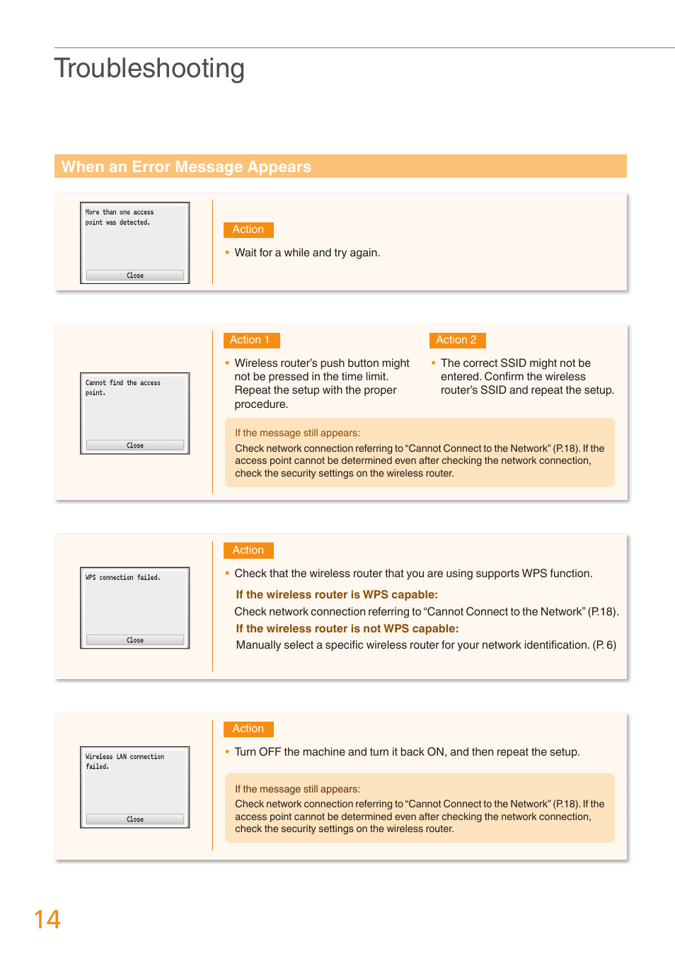 When an error message appears” (p.14), Troubleshooting, When an error message appears | Canon Color imageCLASS MF8280Cw User Manual | Page 14 / 24