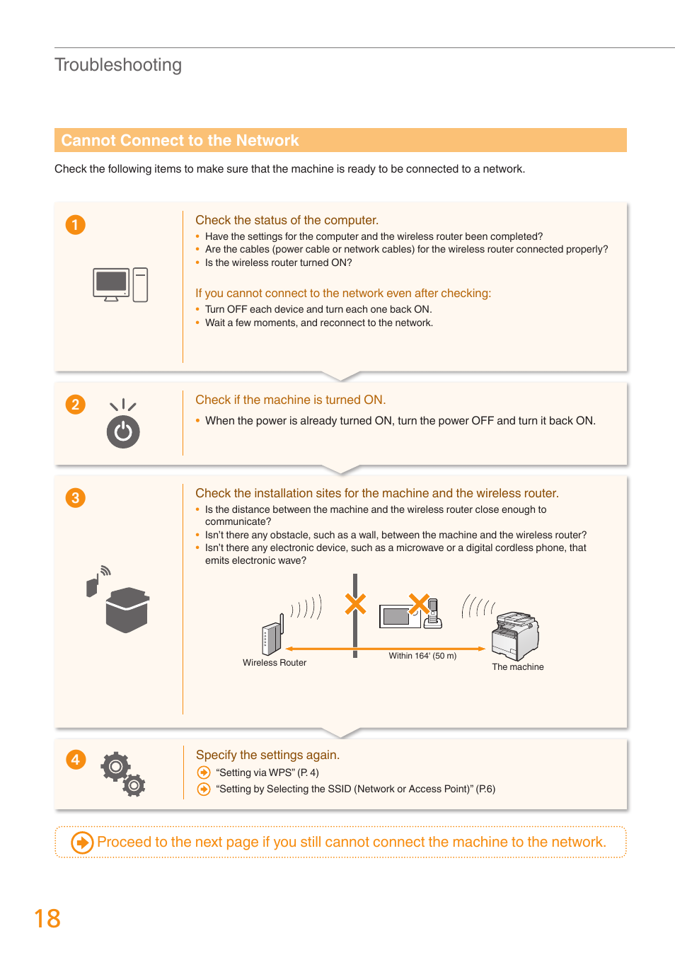 To “cannot connect to the network” (p.18), Cannot connect to the network” (p.18), Troubleshooting | Cannot connect to the network | Canon Color imageCLASS MF8280Cw User Manual | Page 18 / 24