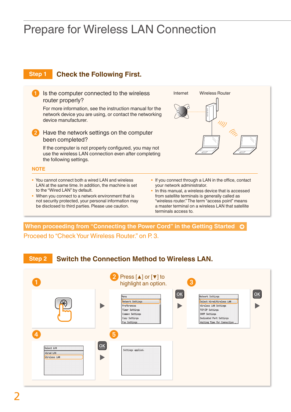 Prepare for wireless lan connection | Canon Color imageCLASS MF8280Cw User Manual | Page 2 / 24