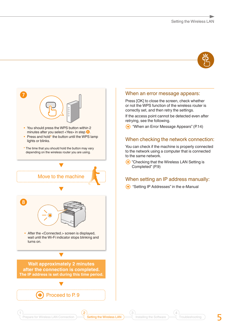 When an error message appears, When checking the network connection, When setting an ip address manually | Move to the machine proceed to p. 9 | Canon Color imageCLASS MF8280Cw User Manual | Page 5 / 24