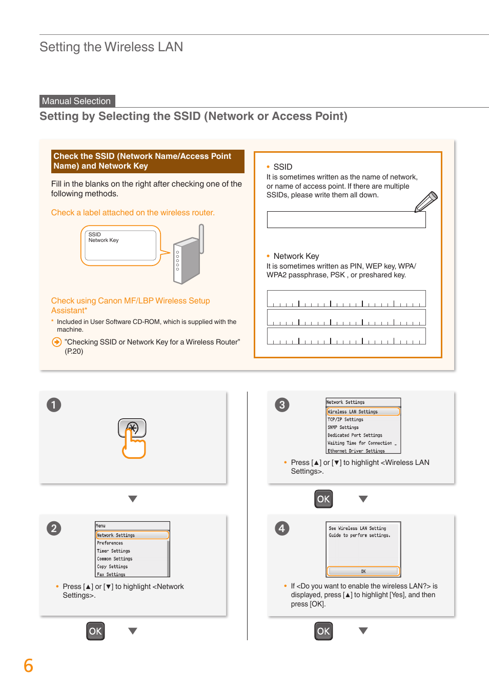 Network key” (p.6) to learn ho, Setting the wireless lan | Canon Color imageCLASS MF8280Cw User Manual | Page 6 / 24