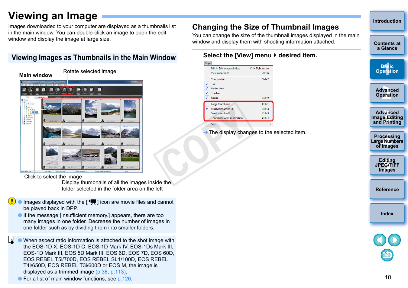 Viewing an image, P.10, Viewing images as thumbnails in the main window | Changing the size of thumbnail images, Cop y | Canon EOS Rebel SL1 18-55mm IS STM Lens Kit User Manual | Page 11 / 152