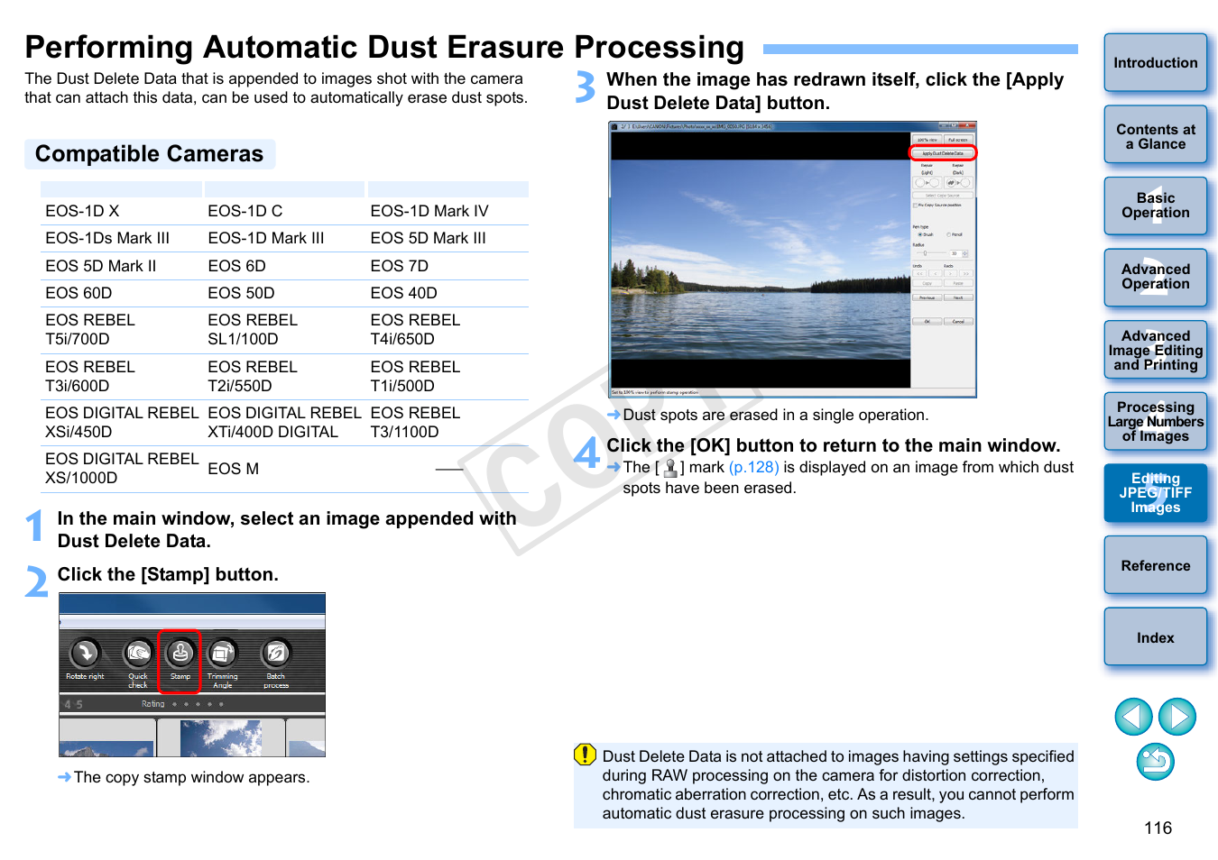 Performing automatic dust erasure processing, P.116, Compatible cameras | Cop y | Canon EOS Rebel SL1 18-55mm IS STM Lens Kit User Manual | Page 117 / 152