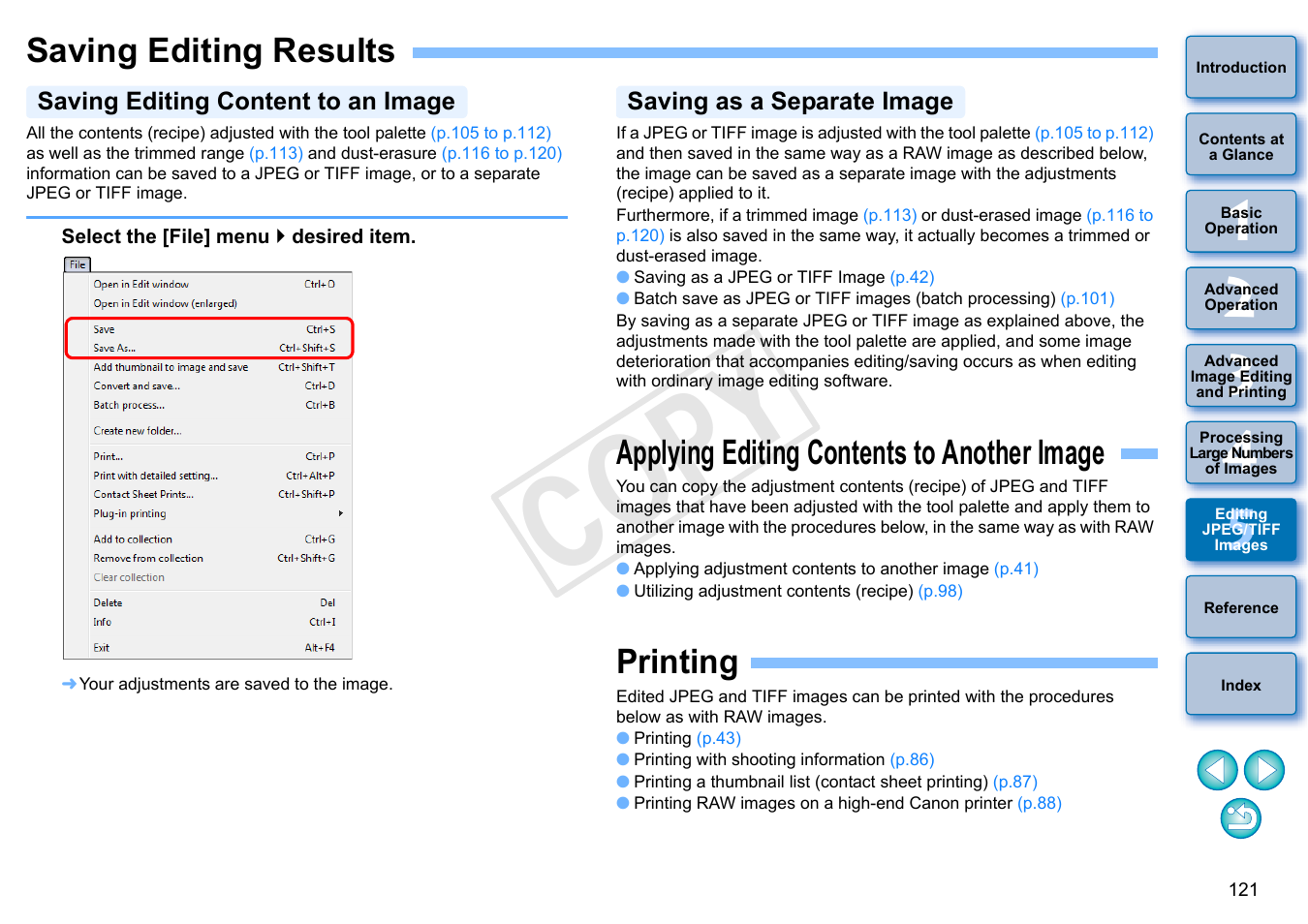 Saving editing results, Applying editing contents to another image, Printing | Saving editing content to an image, Saving as a separate image, P.121), P.121, Te image, Cop y | Canon EOS Rebel SL1 18-55mm IS STM Lens Kit User Manual | Page 122 / 152