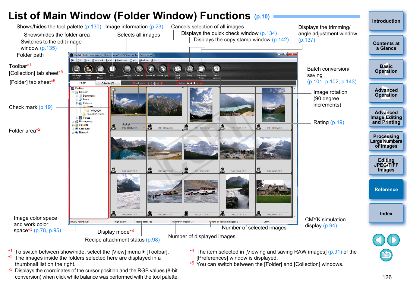 List of main window (folder window) functions, S, see, P.126 | P.126, p.13, Tton, P.126), In the to, P.126, p, P.126, p.127, Ss] button on the toolbar | Canon EOS Rebel SL1 18-55mm IS STM Lens Kit User Manual | Page 127 / 152