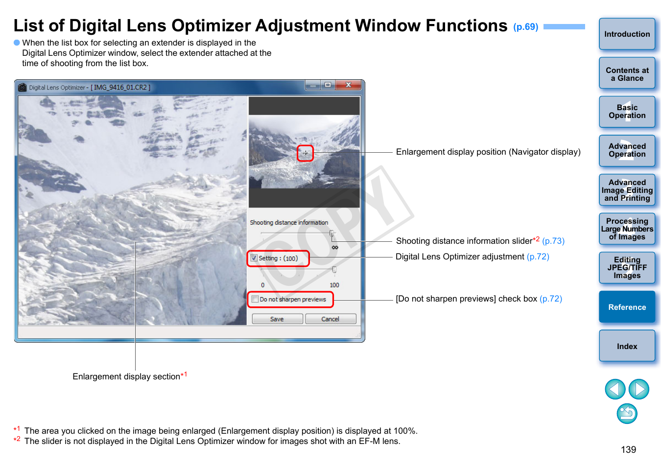 List of digital lens optimizer adjustment window, Functions, Cop y | Canon EOS Rebel SL1 18-55mm IS STM Lens Kit User Manual | Page 140 / 152