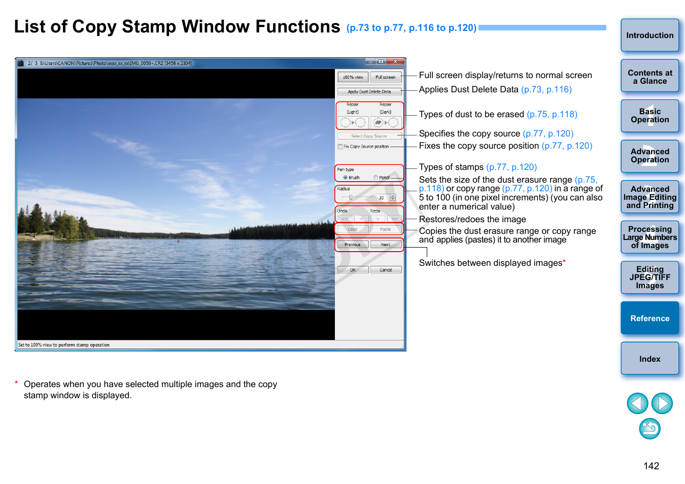 List of copy stamp window functions, P.142, S, see | Cop y | Canon EOS Rebel SL1 18-55mm IS STM Lens Kit User Manual | Page 143 / 152