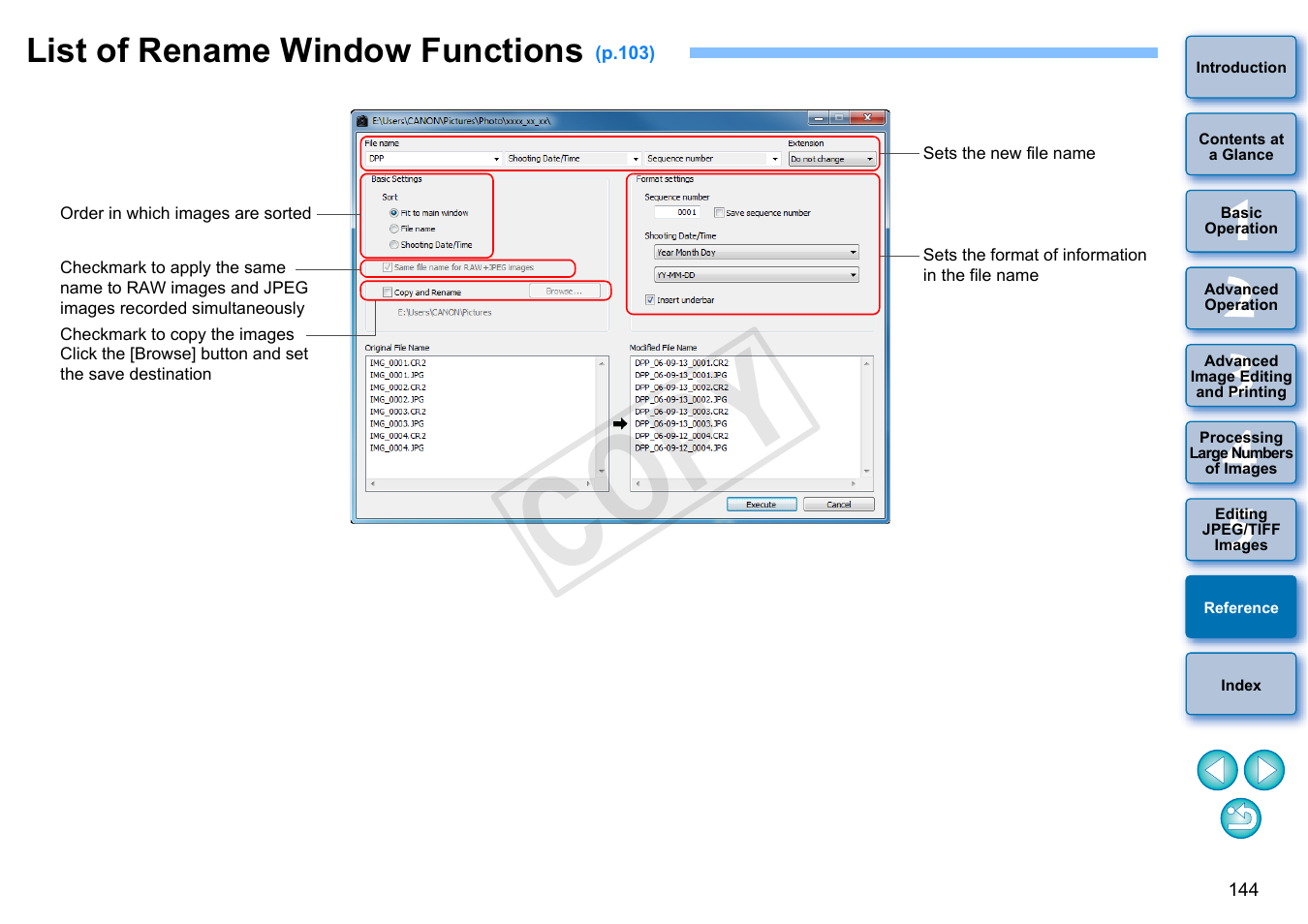 List of rename window functions, P.144), P.144 | Ecify the required settings, Cop y | Canon EOS Rebel SL1 18-55mm IS STM Lens Kit User Manual | Page 145 / 152