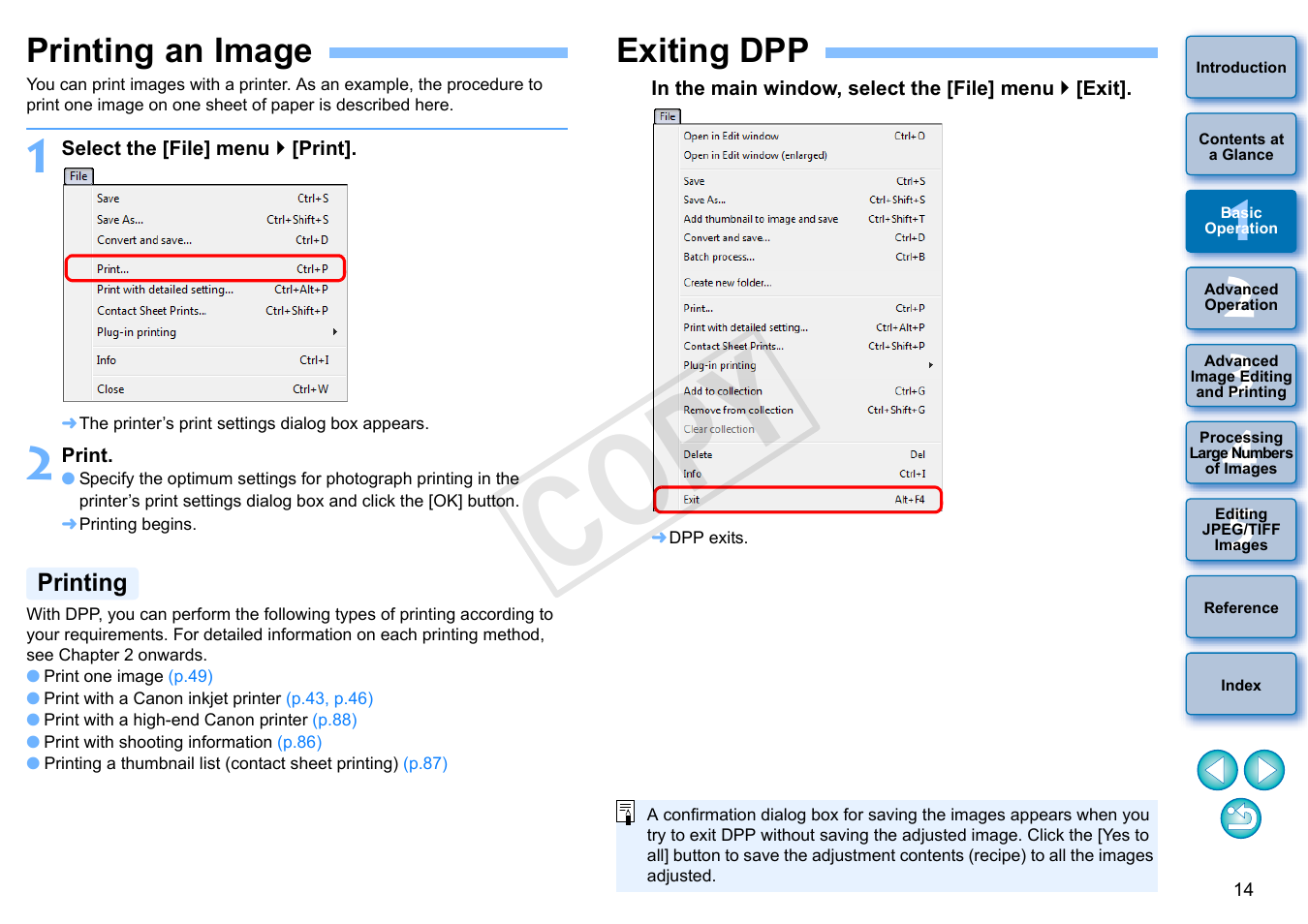 Printing an image, Exiting dpp, Printing | Cop y | Canon EOS Rebel SL1 18-55mm IS STM Lens Kit User Manual | Page 15 / 152