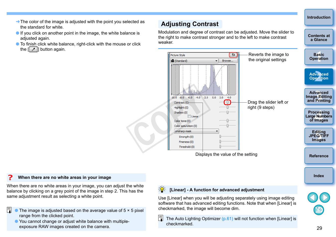 P.29, Adjusting contrast, Cop y | Canon EOS Rebel SL1 18-55mm IS STM Lens Kit User Manual | Page 30 / 152