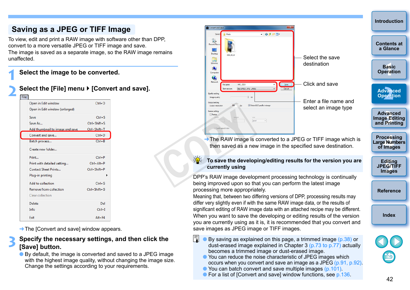 P.42, p, P.42, p.13, P.42) | Saving as a jpeg or tiff image, P.42, Cop y | Canon EOS Rebel SL1 18-55mm IS STM Lens Kit User Manual | Page 43 / 152