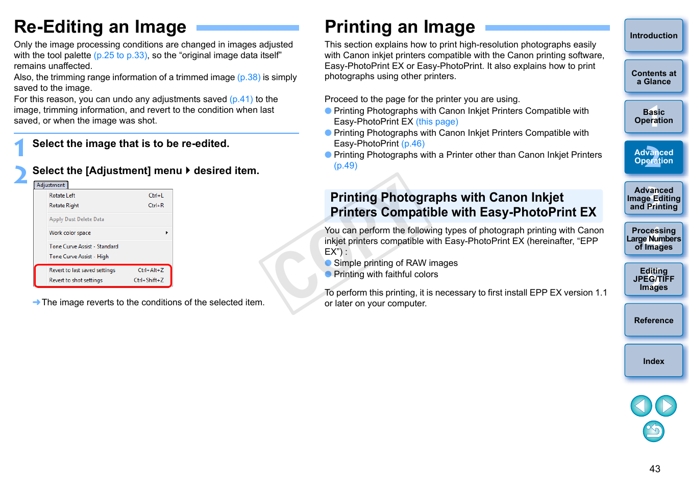 Re-editing an image, Printing an image, P.43 | P.43, p, P.43, p.46), P.43), Cop y | Canon EOS Rebel SL1 18-55mm IS STM Lens Kit User Manual | Page 44 / 152
