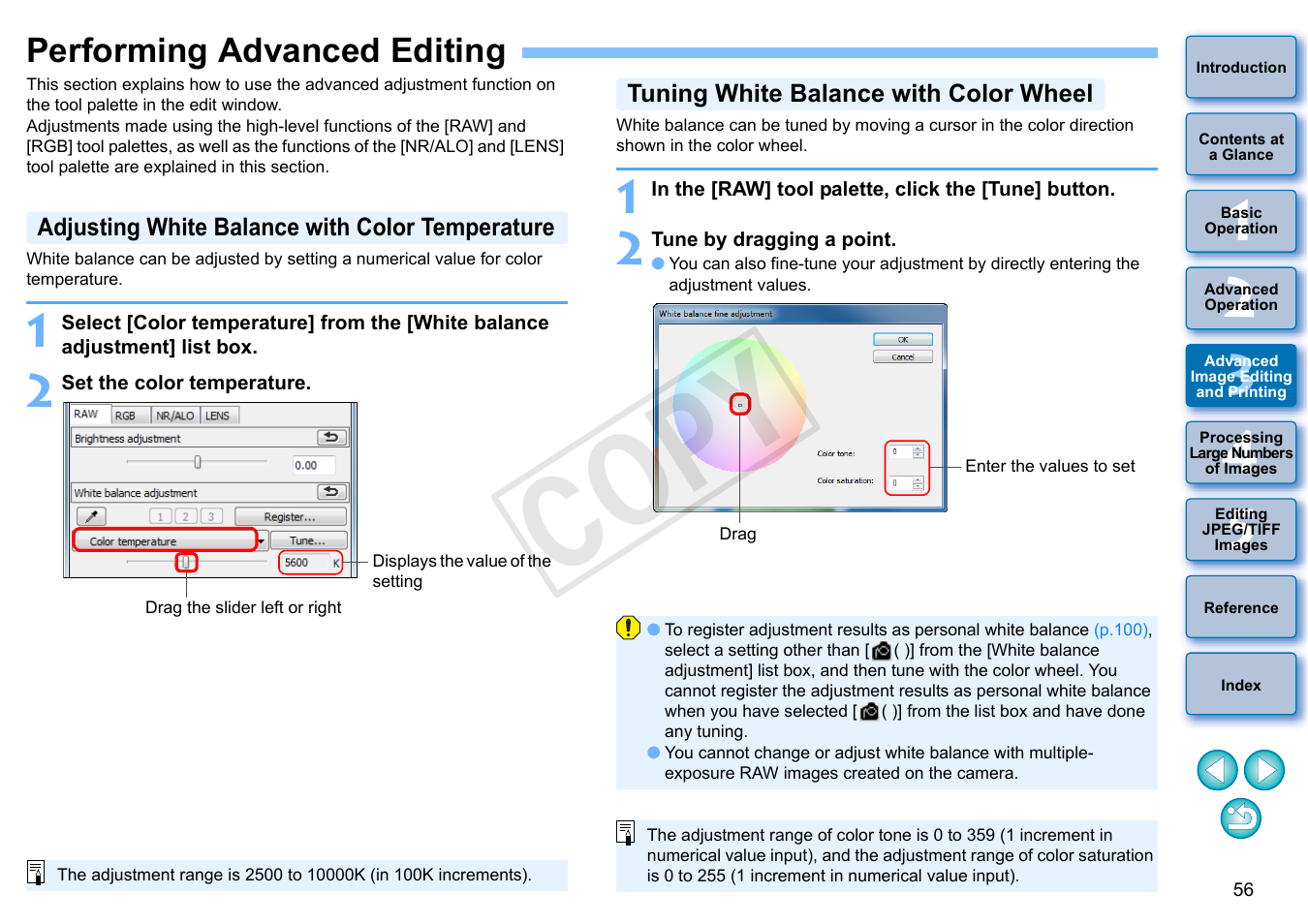 Performing advanced editing, P.56, Adjusting white balance with color temperature | Tuning white balance with color wheel, Cop y | Canon EOS Rebel SL1 18-55mm IS STM Lens Kit User Manual | Page 57 / 152