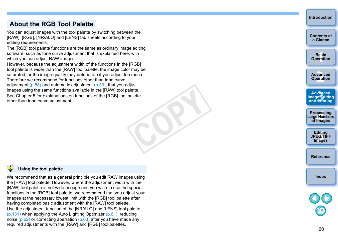 About the rgb tool palette, Cop y | Canon EOS Rebel SL1 18-55mm IS STM Lens Kit User Manual | Page 61 / 152