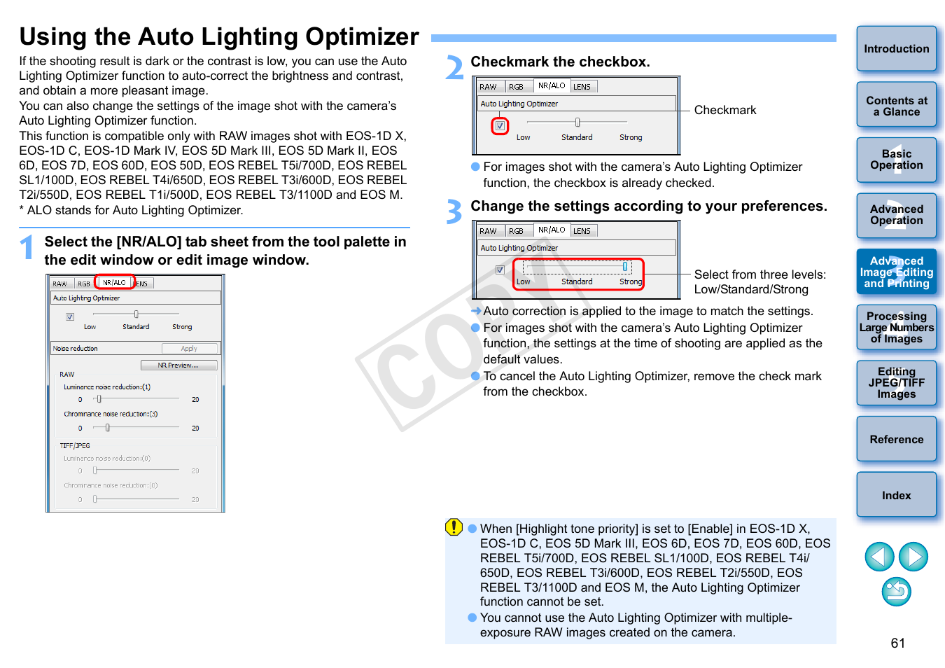 Using the auto lighting optimizer, P.61, P.61) | Cop y | Canon EOS Rebel SL1 18-55mm IS STM Lens Kit User Manual | Page 62 / 152
