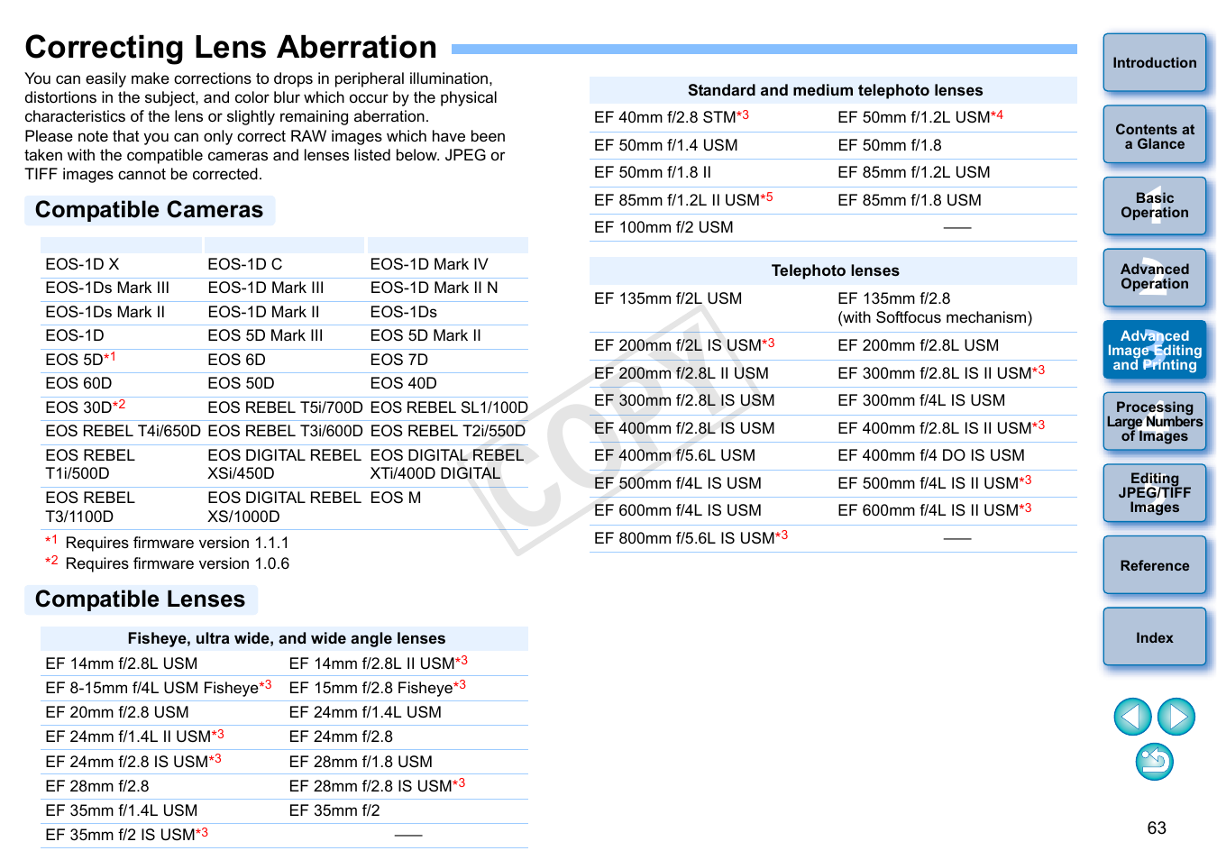 Correcting lens aberration, P.63, Compatible cameras | Compatible lenses, P.63), Cop y, Compatible cameras compatible lenses | Canon EOS Rebel SL1 18-55mm IS STM Lens Kit User Manual | Page 64 / 152