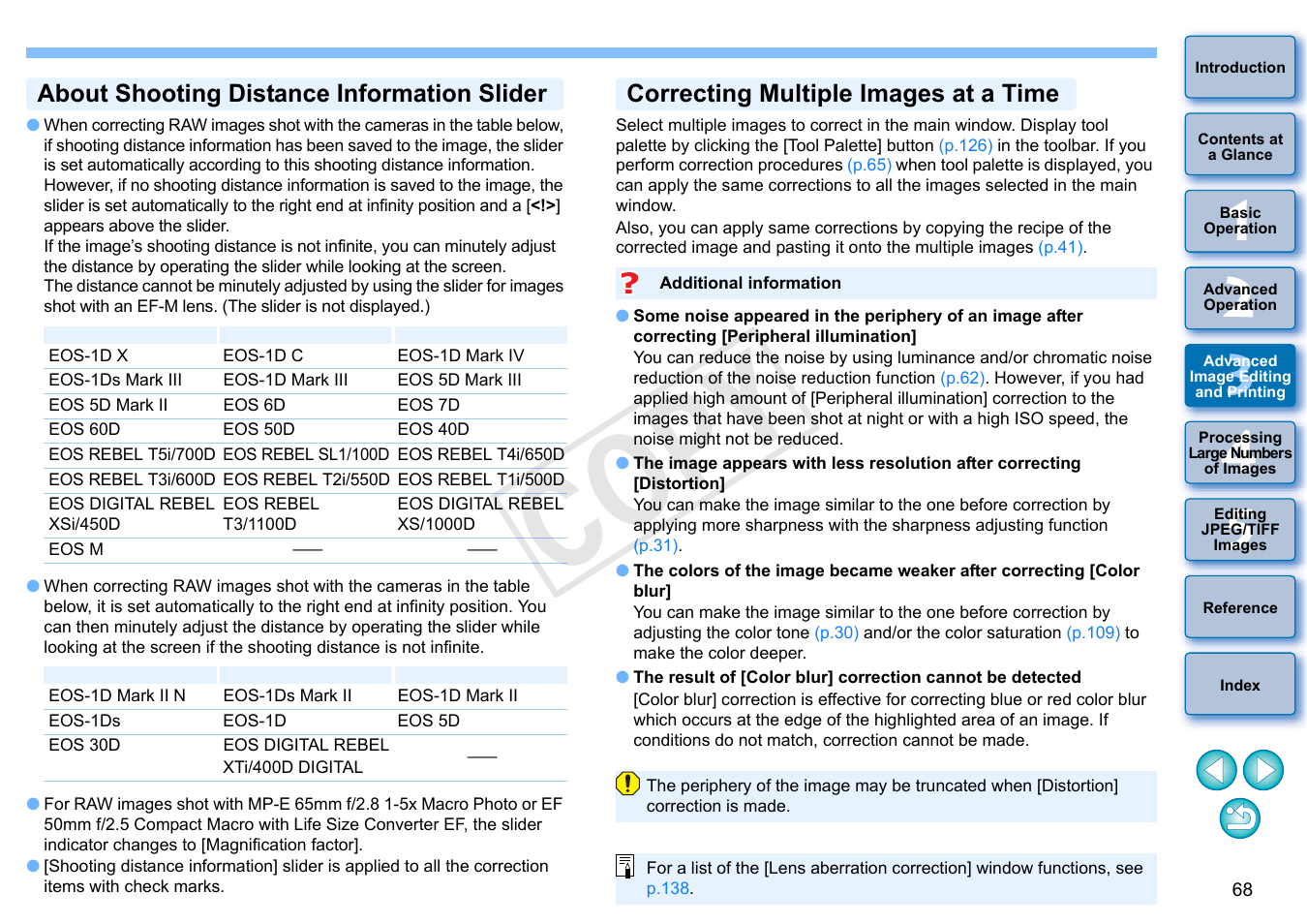 To p.68), About shooting distance information slider, Correcting multiple images at a time | Cop y | Canon EOS Rebel SL1 18-55mm IS STM Lens Kit User Manual | Page 69 / 152