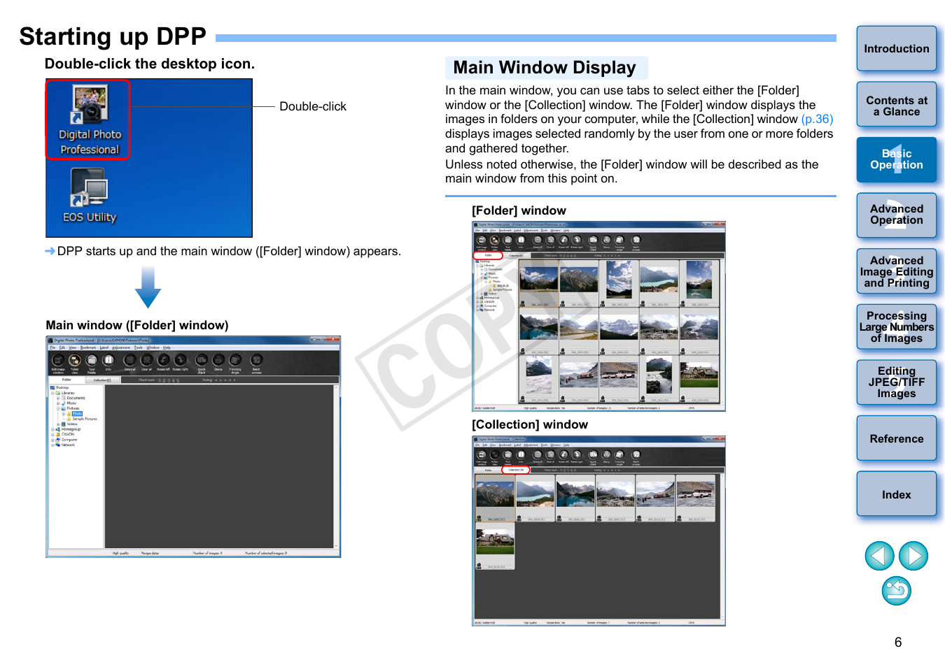 Starting up dpp, Main window display, Cop y | Canon EOS Rebel SL1 18-55mm IS STM Lens Kit User Manual | Page 7 / 152