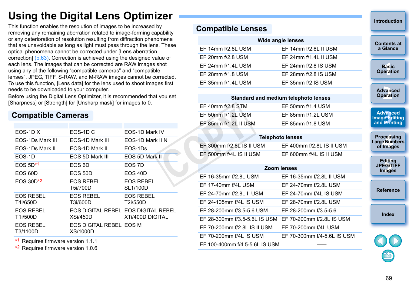 Using the digital lens optimizer, P.69, Mizer | P.69), Compatible cameras, Compatible lenses, Cop y | Canon EOS Rebel SL1 18-55mm IS STM Lens Kit User Manual | Page 70 / 152