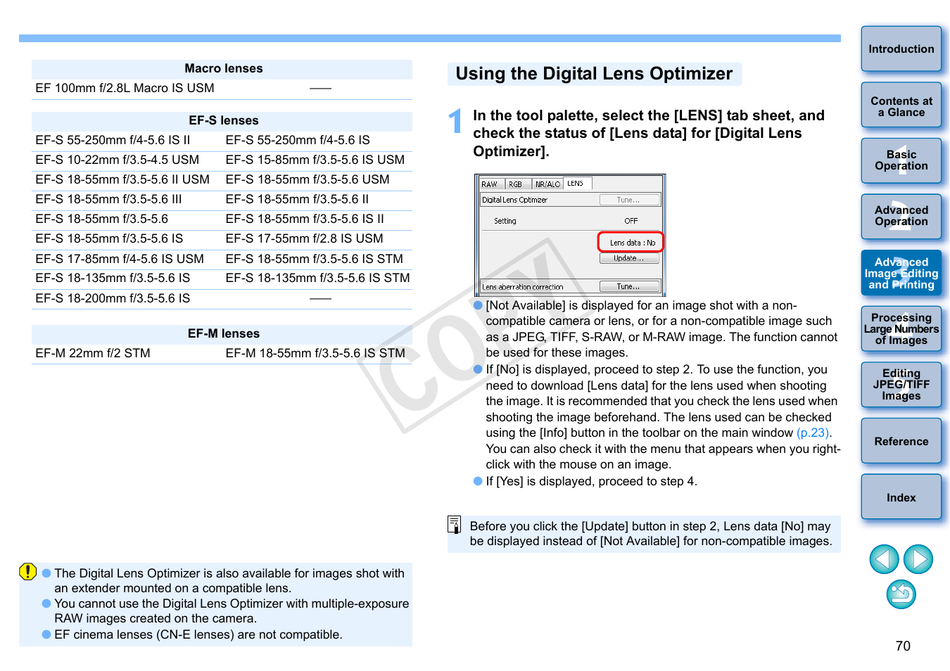 Using the digital lens optimizer, Cop y | Canon EOS Rebel SL1 18-55mm IS STM Lens Kit User Manual | Page 71 / 152