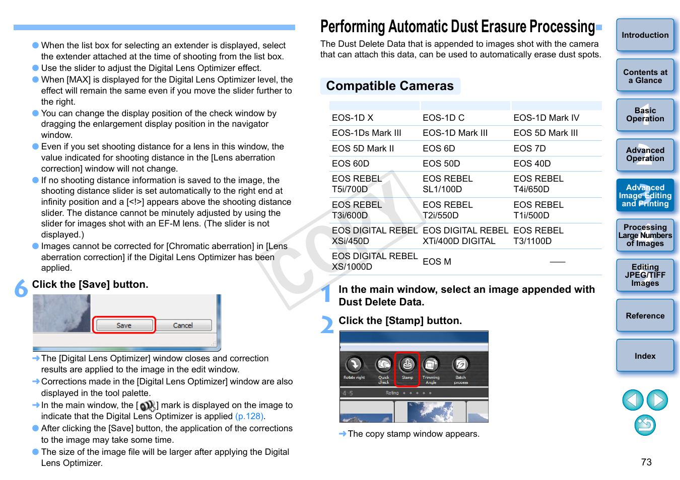 Performing automatic dust erasure processing, P.73, P.73 to | P.73 to p, Compatible cameras, Cop y | Canon EOS Rebel SL1 18-55mm IS STM Lens Kit User Manual | Page 74 / 152