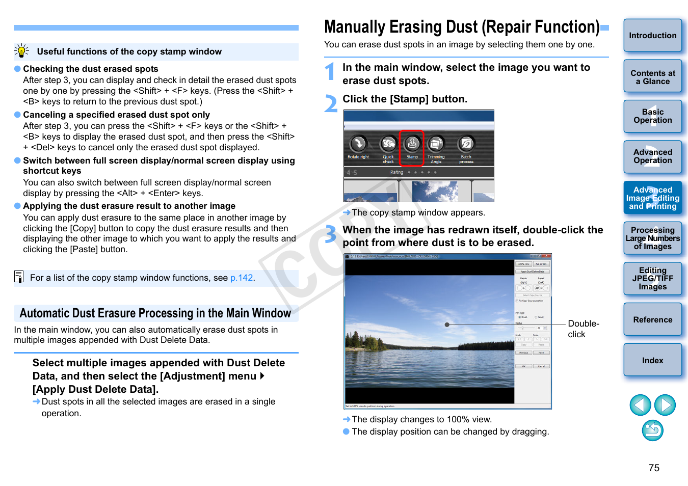 Manually erasing dust (repair function), P.75, P.75) | Cop y | Canon EOS Rebel SL1 18-55mm IS STM Lens Kit User Manual | Page 76 / 152